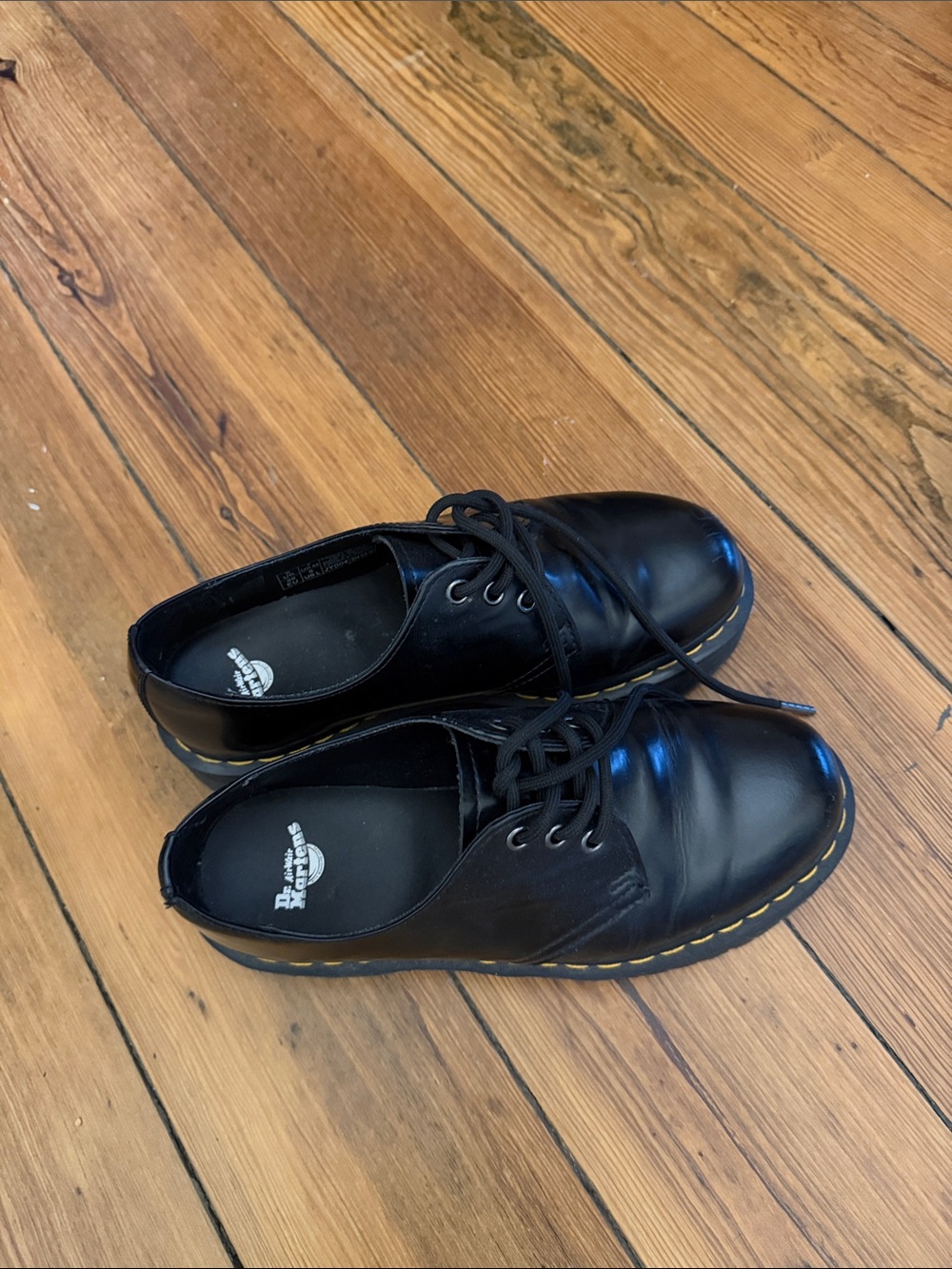 Dr. Martens Black Leather Lace-Up Oxford Shoes with Yellow Stitching